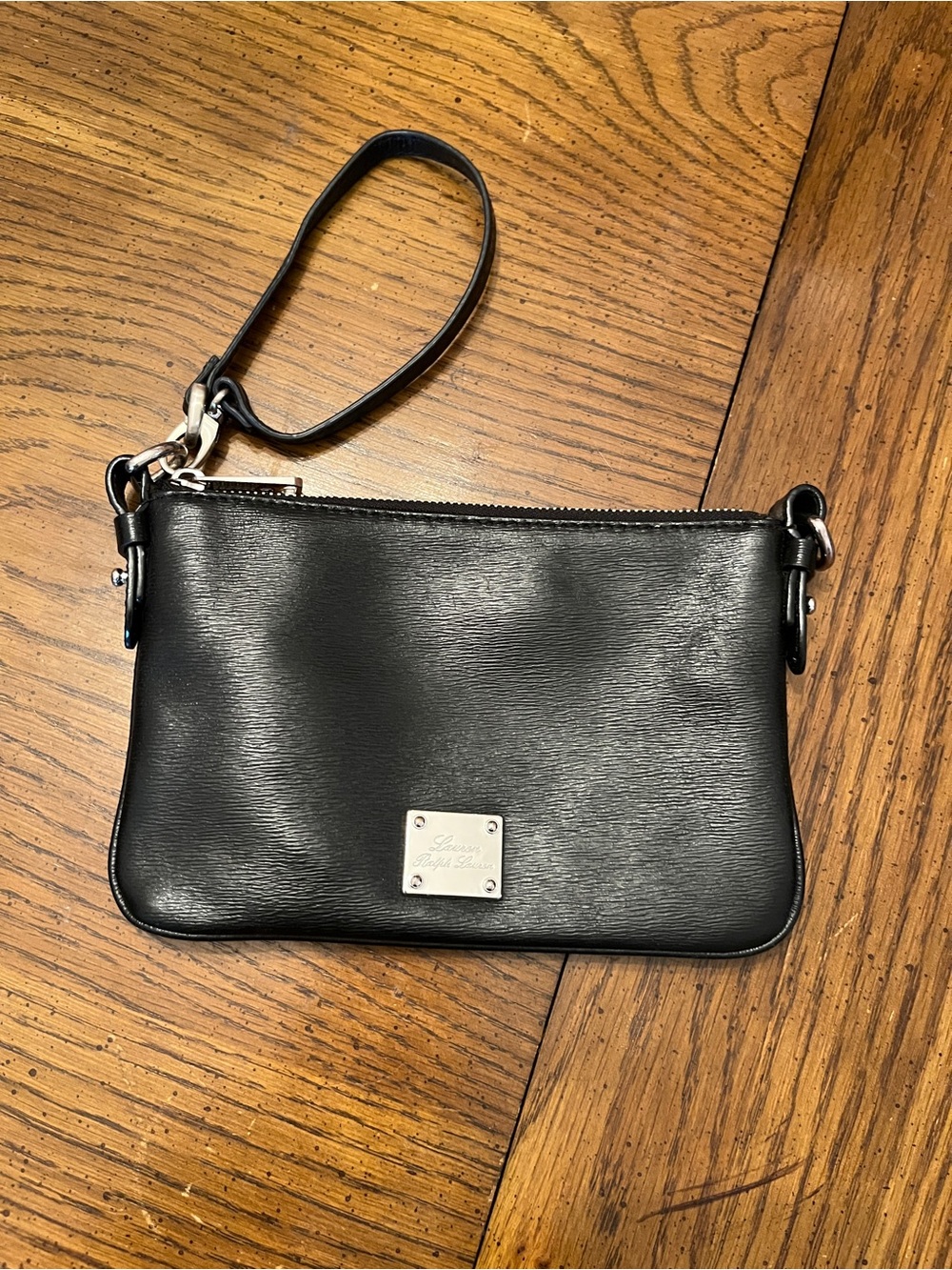 Lauren‎ Ralph Lauren Black Leather Wristlet with Metal Logo Plate